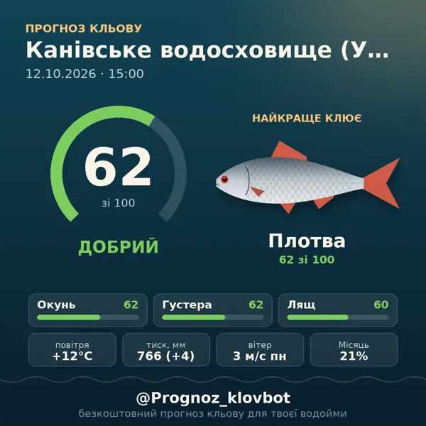 Картинка-прогноз з бота: Канівське водосховище (Українка), індекс 62